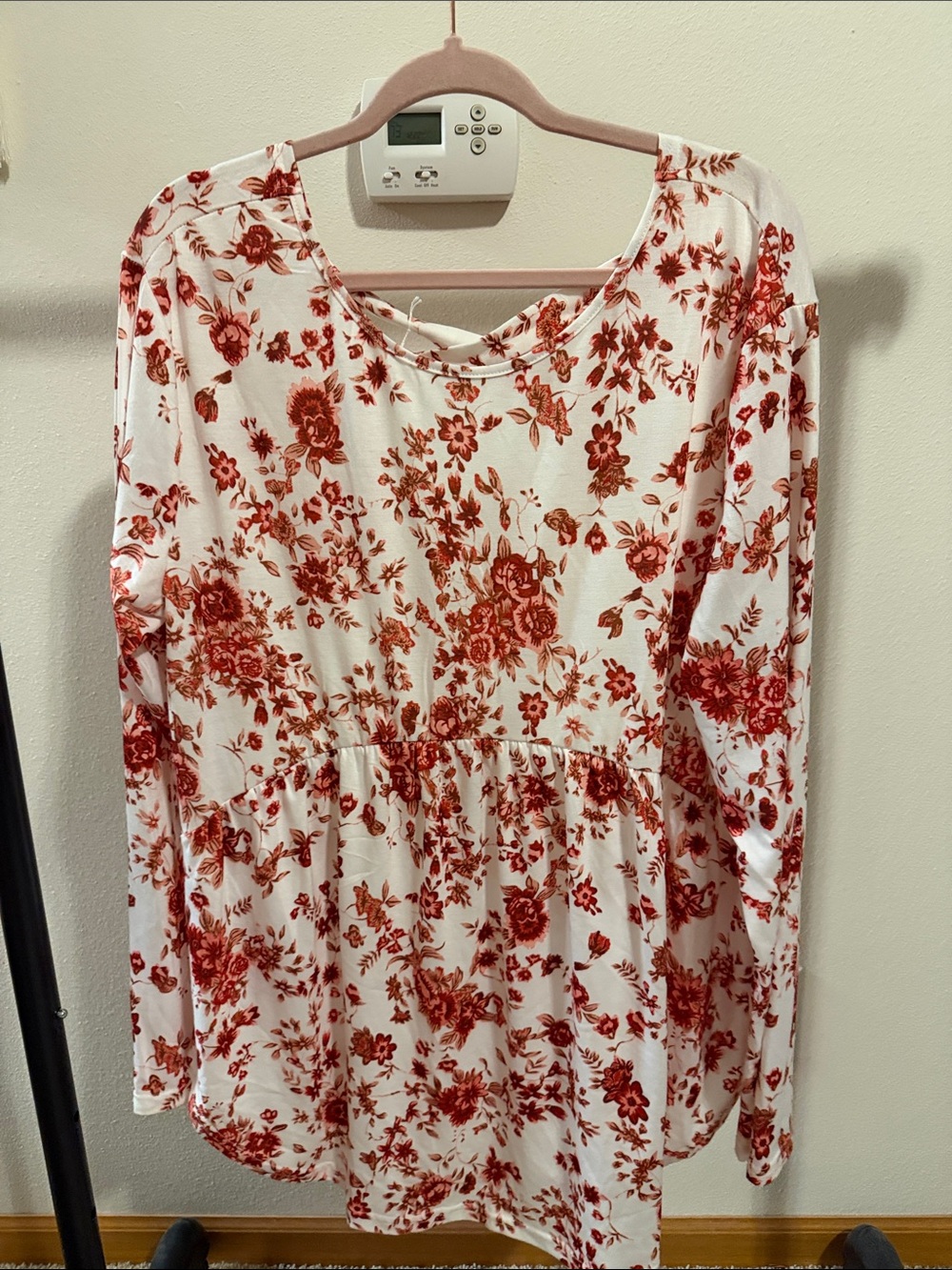 3x White Floral Long Sleeve Babydoll Top — Red Print